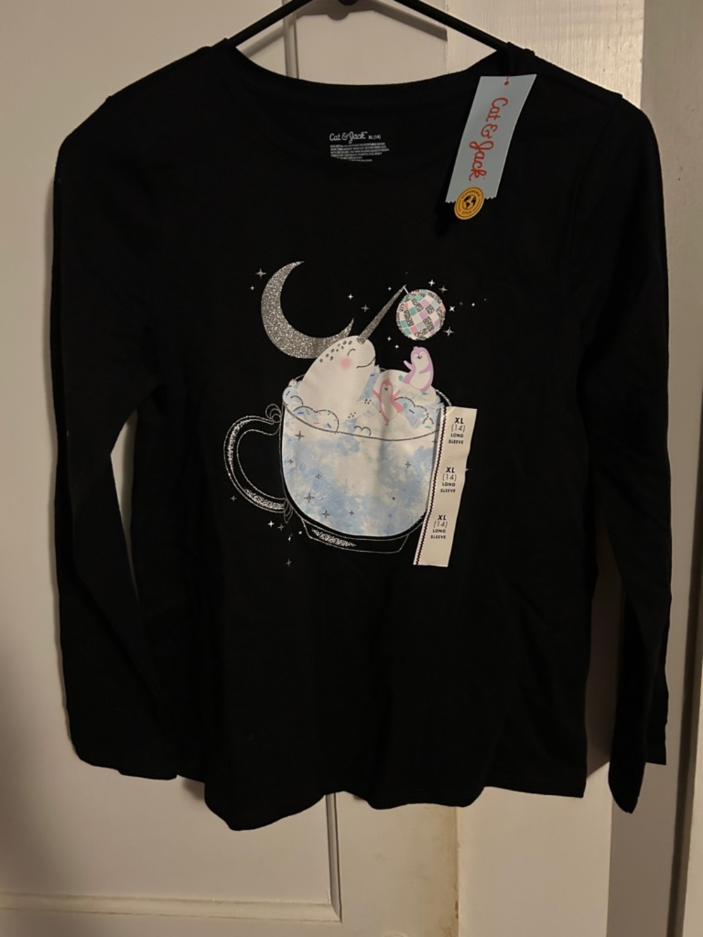 Cat & Jack Black Long Sleeve Tee with Unicorn Mug Illustration